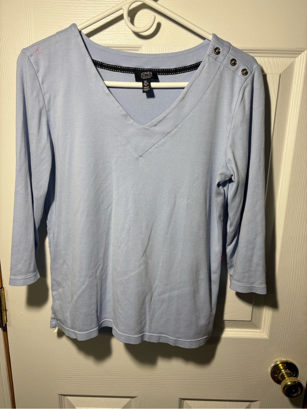 Jones New York Light 100% Cotton Blue V-Neck Button Shoulder Long Sleeve Top